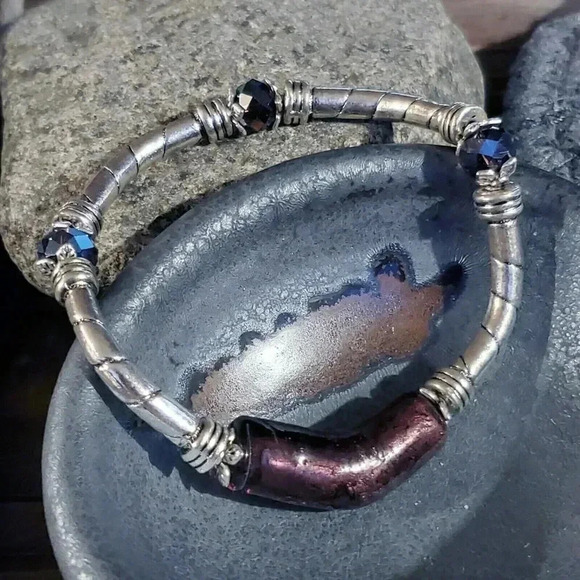 Handcrafted Edgy Silver Purple Lavender Foil Glass Metal and Crystal Stretch Bra - Picture 5 of 6